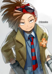 Rule 34 | 1boy, boku no hero academia, boutonniere, brown hair, collared jacket, collared shirt, eyewear on head, from above, gloves, grey eyes, half-closed eyes, headband, highres, jacket, long bangs, looking at viewer, male focus, necktie, patchwork clothes, ponytail, red headband, rody soul, shirt, simple background, smile, smirk, solo, striped necktie, sunglasses, tonbanlove, twitter username, upper body, vest, watermark, white background