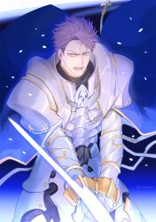 Rule 34 | 1boy, armor, black shirt, blue cape, breastplate, cape, cowboy shot, cuisses, curtained hair, fate/grand order, fate (series), faulds, fighting stance, floating cape, furrowed brow, gauntlets, glowing, glowing sword, glowing weapon, highres, lancelot (fate/grand order), light particles, looking at viewer, lower teeth only, male focus, open mouth, pants, pauldrons, pelvic curtain, pointing weapon, purple eyes, purple hair, serious, shirt, short hair, shoulder armor, solo, spiked hair, standing, swept bangs, teeth, weapon, wuren daoshang dekezong