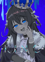 Rule 34 | 1girl, ahoge, alternate costume, blue background, blush, collarbone, commentary request, crown, english text, glowing, glowing eyes, hair between eyes, hair ornament, highres, kagura nana, long hair, looking at viewer, nanakagu karatou ch, open mouth, solo, teeth, virtual youtuber