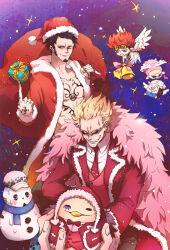 Rule 34 | 3boys, black hair, blonde hair, character doll, cheese neko3, chest tattoo, christmas, christmas present, coat, donquixote doflamingo, donquixote rocinante, earrings, eustass kid, facial hair, feather coat, fur-trimmed coat, fur trim, gift, goatee, hand tattoo, hat, highres, holding, jewelry, long sleeves, looking at viewer, male focus, mini person, miniboy, multiple boys, one piece, pants, red bag, santa costume, santa hat, short hair, smile, smirk, sunglasses, tattoo, trafalgar law, wings