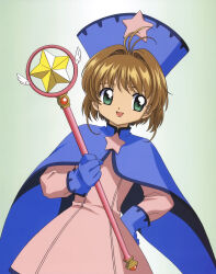 Rule 34 | 1girl, absurdres, blue gloves, blue headwear, brown hair, cardcaptor sakura, child, gloves, green eyes, highres, holding, holding wand, kinomoto sakura, non-web source, official art, open mouth, scan, short hair, simple background, solo, star (symbol), wand, white background