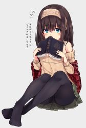 Rule 34 | 1girl, bare shoulders, beige sweater, blue eyes, blush, book, breasts, flying sweatdrops, green skirt, hair between eyes, hairband, highres, holding, holding book, idolmaster, idolmaster cinderella girls, legs, long hair, long sleeves, looking at viewer, minikon, off-shoulder, off-shoulder sweater, off shoulder, pantyhose, pleated skirt, sagisawa fumika, shawl, simple background, sitting, skirt, solo, sweater, thighs, translation request