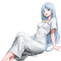 Rule 34 | 1girl, :d, ancient ys vanished, blue eyes, blue hair, breasts, covered navel, dress, feena (ys), feet out of frame, hair intakes, highres, jewelry, leaning back, light blue hair, long hair, medium breasts, minamoto80486, necklace, open mouth, short sleeves, simple background, sitting, smile, solo, very long hair, white background, white dress, ys