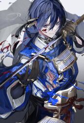 Rule 34 | 1boy, absurdres, armor, black gloves, black hair, blood, blood on face, blood splatter, blue eyes, blue hair, cuts, gloves, gradient background, hair between eyes, highres, holding, holding sword, holding weapon, injury, japanese armor, japanese clothes, katana, kushiro kuki, looking to the side, male focus, mikazuki munechika, short hair, simple background, smile, solo, sword, torn clothes, touken ranbu, weapon