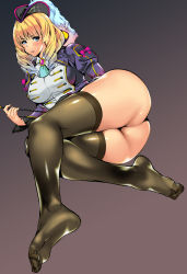 Rule 34 | 1girl, ass, black background, blonde hair, blue eyes, breasts, brown background, character request, drill hair, feet, gradient background, highres, large breasts, looking at viewer, multicolored hair, parted lips, pink ribbon, ribbon, sennen sensou aigis, shigaoka, soles, solo, thighs, toes