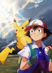 Rule 34 | 1boy, ash ketchum, baseball cap, black hair, brown eyes, closed mouth, cloud, cloudy sky, commentary request, creatures (company), fingerless gloves, game freak, gen 1 pokemon, gloves, green gloves, hair between eyes, hat, highres, holding, holding poke ball, holding strap, jacket, light rays, male focus, mandei (nao 1234567), nintendo, open clothes, open jacket, outdoors, pikachu, poke ball, poke ball (basic), pokemon, pokemon (anime), pokemon (classic anime), pokemon (creature), red headwear, shirt, short hair, sky, smile
