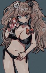 Rule 34 | 1girl, asymmetrical breasts, bear hair ornament, bikini, black bikini, blonde hair, bow, breasts, cleavage, collarbone, cowboy shot, danganronpa: trigger happy havoc, danganronpa (series), danganronpa s: ultimate summer camp, drinking straw, enoshima junko, flower, green background, grey eyes, hair ornament, halterneck, highres, holding, kara aren, large breasts, leaning to the side, long hair, looking at viewer, nail polish, navel, red bow, red flower, scrunchie, side-tie bikini bottom, solo, stomach, swimsuit, twintails, wrist scrunchie