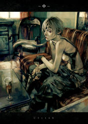 Rule 34 | 1girl, alcohol, boots, breasts, cellar, cigarette, couch, cup, drinking glass, eyepatch, fcp, female focus, fingerless gloves, glass, gloves, gun, handgun, holster, nipples, original, patterned upholstery, realistic, red upholstery, revolver, short hair, smoking, solo, striped upholstery, table, topfreedom, topless, weapon, white hair, wine, wine glass, zipper
