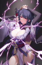 Rule 34 | 1girl, absurdres, arm up, between breasts, black background, braid, breasts, bridal gauntlets, cleavage, commentary request, electricity, fingernails, genshin impact, highres, holding, holding sword, holding weapon, human scabbard, japanese clothes, kimono, large breasts, lips, long hair, long sleeves, looking at viewer, low-braided long hair, low-tied long hair, mitsudomoe (shape), mole, mole under eye, nail polish, obi, obiage, obijime, purple eyes, purple hair, purple nails, raiden shogun, sash, sidelocks, simple background, solo, standing, sugarhigh, sword, sword between breasts, tassel, thighhighs, thighs, tomoe (symbol), upper body, vision (genshin impact), weapon, wide sleeves