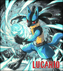Rule 34 | absurdres, character name, commentary request, creatures (company), energy ball, fish.boy, game freak, gen 4 pokemon, highres, legs apart, looking at viewer, lucario, nintendo, pokemon, pokemon (creature), red eyes, solo, spikes, squatting, toes, yellow fur