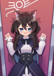 Rule 34 | 1girl, animal ear fluff, animal ears, black bow, black capelet, black hair, black ribbon, black skirt, blue eyes, blue hair, blush, bow, capelet, cat ears, character request, collared shirt, commentary request, commission, fang, frilled skirt, frills, hair ribbon, little witch nobeta, long hair, long sleeves, looking at viewer, parted lips, phyllis (human) (little witch nobeta), phyllis (little witch nobeta), pixiv commission, puffy long sleeves, puffy sleeves, restrained, ribbon, shirt, short eyebrows, skirt, sleeves past wrists, solo, tears, thick eyebrows, two side up, usagimiko, very long hair, wavy mouth, white shirt, white skirt