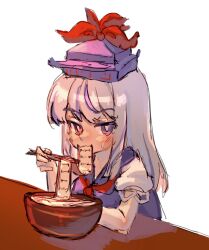 Rule 34 | 1girl, arm on table, blue dress, blue headwear, blush, bow, bowl, chopsticks, commentary request, dress, eating, grey hair, hat, hat bow, holding, holding chopsticks, kamishirasawa keine, long hair, multicolored hair, neckerchief, puffy short sleeves, puffy sleeves, red bow, red neckerchief, scribble, scroll, shirt, short sleeves, shouxishao jiuyuan, sideways glance, simple background, solo, streaked hair, sweatdrop, table, touhou, white shirt
