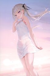 Rule 34 | 1girl, absurdres, bare arms, bare shoulders, blush, breasts, covered navel, day, detexted, dress, fingernails, floating hair, gradient sky, grey hair, hand up, highres, holding, kouhai-chan (mignon), long hair, looking at viewer, mignon, navel, no bra, no panties, open mouth, original, outdoors, page number, pulled by self, purple eyes, see-through, see-through dress, shiny skin, short dress, simple background, sky, sleeveless, sleeveless dress, small breasts, smile, solo, speech bubble, standing, sundress, sunset, teeth, thighs, third-party edit, twintails, upper teeth only, v, v over mouth, water, water drop, wet, wet clothes, white dress