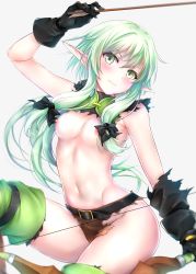 Rule 34 | 1girl, absurdres, arrow (projectile), belt, black bow, black gloves, blush, boots, bow, breasts, brown shorts, closed mouth, elf, gloves, goblin slayer!, green eyes, green hair, groin, hair bow, half-closed eyes, high elf archer (goblin slayer!), highres, huge filesize, long hair, looking at viewer, low ponytail, nipples, no bra, no panties, pointy ears, rei kun, shorts, sidelocks, small breasts, solo, thigh boots, thighhighs, torn clothes, wardrobe malfunction, weapon