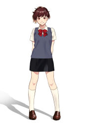 Rule 34 | 1girl, bow, brown hair, closed mouth, full body, hair ornament, hairclip, highres, ine (goin), looking at viewer, persona, persona 3, persona 3 portable, school uniform, shadow, shiomi kotone, short hair, simple background, skirt, smile, white background, x hair ornament