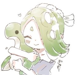 Rule 34 | 1girl, ^ ^, apex legends, asymmetrical hair, closed eyes, closed mouth, green hair, hair over one eye, heart, highres, hugging object, long hair, motion lines, nessie (respawn), nintendo, octoling, plum0o0, poncho, shiver (splatoon), short eyebrows, simple background, smile, solo, splatoon (series), splatoon 3, stuffed toy, suction cups, tentacle hair, white background