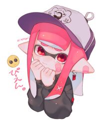 Rule 34 | 1girl, bandage on face, bandages, black shirt, closed mouth, fangs, hand up, hat, highres, inkling, inkling girl, inkling player character, long sleeves, looking at viewer, nintendo, own hands together, pink eyes, pink hair, pointy ears, purple headwear, sahata saba, shirt, simple background, splatoon (series), tentacle hair, upper body, white background