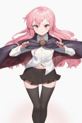 Rule 34 | 1girl, :t, black suit, black thighhighs, blush, cape, formal, hair between eyes, highres, jam (nandade), long hair, looking at viewer, louise francoise le blanc de la valliere, pink eyes, pink hair, riding crop, simple background, solo, suit, thighhighs, thighs, torn cape, torn clothes, white background, zero no tsukaima