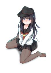 Rule 34 | 1girl, absurdres, akatsuki (kancolle), akatsuki kai ni (kancolle), black hair, black pantyhose, black sailor collar, black skirt, commentary request, covering crotch, covering privates, flat cap, hat, highres, igarashi (whale shark sig), kantai collection, long hair, neckerchief, pantyhose, pleated skirt, red neckerchief, sailor collar, sailor shirt, shirt, simple background, sitting, skirt, solo, wariza, white background, white shirt