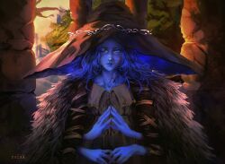 1girl artist_name blue_eyes blue_hair blue_skin cloak closed_mouth colored_skin commentary cracked_skin elden_ring evening expressionless extra_arms fur_cloak hat highres large_hat looking_at_viewer one_eye_closed ranni_the_witch solo steepled_fingers sulka_art witch_hat