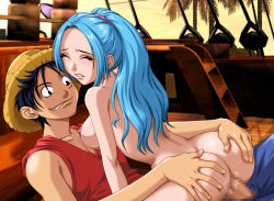 Rule 34 | 1boy, 1girl, ass, ass grab, black hair, blue hair, breasts, censored, clothed male nude female, cowgirl position, closed eyes, girl on top, hat, hetero, large breasts, monkey d. luffy, mosaic censoring, nefertari vivi, nipples, nude, one piece, open fly, penis, ponytail, sex, ship, straddling, straw hat, vaginal, vest, watercraft