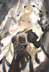 Rule 34 | 1girl, absurdres, animal ears, arknights, black dress, black gloves, blonde hair, blurry, blurry background, breasts, brown eyes, commentary request, depth of field, dorothy (arknights), dorothy (hand of destiny) (arknights), dress, gloves, golem (he ji gao), hair between eyes, hand up, highres, indoors, jewelry, juliet sleeves, long hair, long sleeves, looking at viewer, medium breasts, necklace, parted lips, pearl necklace, puffy sleeves, solo, veil, very long hair, window