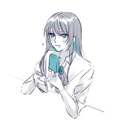 Rule 34 | 1girl, ado (utaite), blue eyes, blue hair, blush, cellphone, chando (ado), closed mouth, collared shirt, colored inner hair, commentary request, eating, food, greyscale, highres, holding, holding food, holding phone, holding popsicle, long hair, mole, mole under eye, monochrome, multicolored hair, phone, popsicle, shirt, smartphone, solo, spica (spica5f9ea0), spot color, upper body, utaite