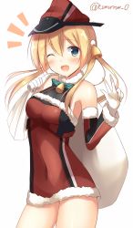 Rule 34 | 1girl, ;d, bag, bell, blonde hair, blue eyes, blunt bangs, blush, breasts, covered navel, cowboy shot, detached sleeves, dress, fur trim, gift bag, gloves, hair bell, hair between eyes, hair ornament, hat, highres, holding, holding bag, kantai collection, long hair, looking at viewer, medium breasts, one eye closed, open mouth, prinz eugen (kancolle), red dress, red hat, santa costume, short dress, sideboob, signature, simple background, sketch, sleeveless, sleeveless dress, smile, solo, standing, tomoo (tomo), w, white background, white gloves