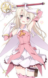 Rule 34 | 1girl, arm up, armpits, blonde hair, blush, bridal garter, fate/kaleid liner prisma illya, fate (series), feathers, gloves, hair between eyes, hand up, illyasviel von einzbern, ixy, long hair, magical girl, magical ruby, open mouth, pink eyes, prisma illya, red eyes, simple background, skirt, smile, solo, star (symbol), thighhighs, white background, white gloves, white skirt