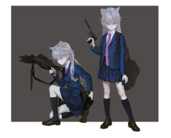 Rule 34 | 1girl, ammunition pouch, animal ears, arm at side, artist name, bag, black bag, black footwear, black socks, blazer, blue jacket, blue skirt, blush, border, cat ears, closed mouth, collared shirt, commentary, extra ears, feiqizi (fkey), fkey, flashlight, full body, grey background, grey hair, gun, hair between eyes, handgun, highres, holding, holding flashlight, holding gun, holding weapon, jacket, kneehighs, loafers, long hair, long sleeves, looking at viewer, magazine (weapon), multiple views, necktie, open clothes, open jacket, original, outside border, pink eyes, pleated skirt, pouch, purple necktie, school uniform, shirt, shoes, shoulder bag, skirt, socks, squatting, standing, suppressor, symbol-only commentary, trigger discipline, weapon, weapon request, white border, white shirt
