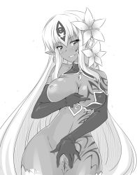 Rule 34 | 1girl, alipheese fateburn xvi, bad id, bad pixiv id, bare shoulders, blush, breast hold, breast slip, breasts, butter-t, censored, clitoris, dark-skinned female, dark skin, earrings, elbow gloves, female focus, flower, gloves, greyscale, hip focus, jewelry, lamia, large breasts, light areolae, long hair, looking at viewer, markings, mon-musu quest!, monochrome, monster girl, navel, nipples, one breast out, pointless censoring, pointy ears, pussy, simple background, smile, solo, spread pussy, tattoo, very long hair, white background, wide hips