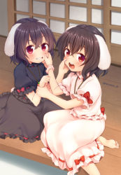 Rule 34 | 2girls, animal ears, bad id, bad pixiv id, barefoot, black hair, black shirt, black skirt, blush, bow, brown hair, carrot necklace, cheek pinching, commentary request, dual persona, hair between eyes, inaba tewi, jewelry, looking at viewer, multiple girls, necklace, nnyara, open mouth, pinching, pink shirt, pink skirt, puffy short sleeves, puffy sleeves, rabbit ears, red bow, red eyes, shirt, short sleeves, sitting, skirt, skirt set, teeth, toes, touhou, wooden floor