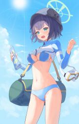 Rule 34 | 1girl, absurdres, aki (user mxzg2544), bag, bikini, black hair, black hat, blue archive, blue bikini, blush, breasts, cloud, cloudy sky, cowboy shot, day, green eyes, green halo, halo, hat, highres, holding, holding map, large breasts, long sleeves, map, navel, official alternate costume, open mouth, outdoors, raglan sleeves, saki (blue archive), saki (swimsuit) (blue archive), short hair, sky, solo, swimsuit, underboob