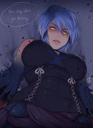Rule 34 | 1girl, anti-aqua, aqua (kingdom hearts), artist name, aura, blue hair, breasts, corruption, cross-laced clothes, dark aura, dark background, dark persona, english text, covered erect nipples, female focus, from below, glowing, glowing eyes, highres, kingdom hearts, kingdom hearts iii, looking at viewer, looking down, parted lips, sash, short hair, sleeveless, solo, speech bubble, spoilers, tabletorgy, upper body, yellow eyes