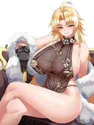 Rule 34 | 1girl, ahoge, barbariana (last origin), bare shoulders, black dress, black gloves, blonde hair, blush, breasts, cho!cho!, cleavage, commentary request, couch, covered navel, crossed legs, dress, folded fan, folding fan, gloves, green eyes, hair ornament, hand fan, highres, holding, holding fan, huge breasts, last origin, long hair, looking at viewer, navel, on couch, parted bangs, see-through, see-through cleavage, shawl, simple background, sitting, smile, solo, very long hair, white background