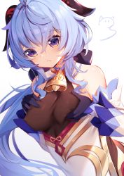 Rule 34 | 1girl, absurdres, bare shoulders, bell, blue hair, blush, bodysuit, grabbing another&#039;s breast, breasts, cowbell, detached sleeves, covered erect nipples, ganyu (genshin impact), genshin impact, gloves, goat horns, grabbing, grabbing own breast, highres, horns, large breasts, long sleeves, medium breasts, nahaki, purple eyes, solo, upper body