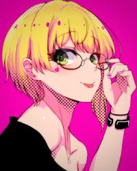 Rule 34 | 1girl, :p, adjusting eyewear, bare shoulders, blonde hair, closed mouth, collarbone, fingernails, from side, glasses, green eyes, halftone, halftone background, hand up, highres, idolmaster, idolmaster cinderella girls, jewelry, looking at viewer, looking to the side, miyamoto frederica, nail polish, necklace, off shoulder, pink background, pink nails, portrait, ryuu., short hair, simple background, smile, solo, tongue, tongue out, upper body, wristband