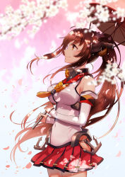 Rule 34 | 10s, 1girl, breasts, brown eyes, brown hair, cherry blossoms, detached sleeves, flower, hair flower, hair ornament, kantai collection, large breasts, long hair, oil-paper umbrella, personification, ponytail, smile, solo, umbrella, very long hair, yamato (kancolle), yuzuki kihiro
