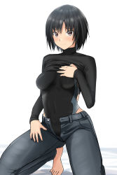 Rule 34 | 1girl, amagami, barefoot, black eyes, black hair, black sweater, black one-piece swimsuit, clothes lift, commentary request, denim, full body, grey pants, hand on own chest, highres, jeans, kneeling, lifted by self, looking at viewer, nanasaki ai, one-piece swimsuit, pants, short hair, simple background, solo, sweater, sweater lift, swimsuit, swimsuit under clothes, turtleneck, white background, yoo tenchi