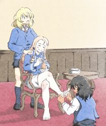 Rule 34 | 3girls, :t, andou (girls und panzer), barefoot, bc freedom military uniform, bc freedom school uniform, black dress, black footwear, black hair, black legwear, blonde hair, blue cardigan, blue eyes, blue jacket, blue necktie, blue vest, cardigan, closed eyes, closed mouth, commentary, crossed legs, dark-skinned female, dark skin, dress, dress shirt, drill hair, eating, english commentary, food, food on face, foot massage, fork, frown, girls und panzer, high collar, highres, holding, holding fork, holding saucer, indoors, jacket, kneeling, long hair, long sleeves, looking at another, marie (girls und panzer), mary janes, medium hair, messy hair, military, military uniform, mont blanc (food), multiple girls, necktie, open mouth, oshida (girls und panzer), pinafore dress, pleated dress, pleated skirt, saucer, school uniform, senorseki, shadow, shirt, shoes, short dress, shoulder massage, sitting, skirt, sleeveless dress, smile, socks, standing, sweatdrop, sweater around neck, table, texture, uniform, vest, white shirt, white skirt, wing collar, wooden chair, wooden table