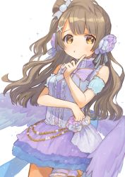 Rule 34 | 1girl, :t, bare shoulders, blue sleeves, blush, breasts, brown eyes, brown hair, center frills, closed mouth, commentary request, detached sleeves, feathered wings, flower, frills, hair flower, hair ornament, hand up, highres, karamomo, long hair, looking at viewer, love live!, love live! school idol project, low wings, minami kotori, one side up, pout, puffy short sleeves, puffy sleeves, purple skirt, purple wings, rose, shirt, short sleeves, simple background, skirt, sleeveless, sleeveless shirt, small breasts, solo, sparkle, very long hair, white background, white shirt, wings, x hair ornament