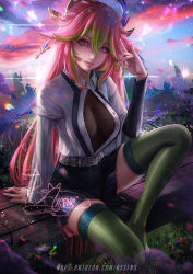 Rule 34 | 1girl, arm support, axsen, banned artist, belt, belt buckle, black skirt, breasts, breasts apart, buckle, closed mouth, collared shirt, cosplay, day, dress shirt, genshin impact, gradient hair, green hair, green thighhighs, grey belt, hair between eyes, highres, kanroji mitsuri, kanroji mitsuri (cosplay), kimetsu no yaiba, long hair, long sleeves, looking at viewer, miniskirt, multicolored hair, nail polish, open clothes, open shirt, outdoors, partially unbuttoned, pink hair, pleated skirt, purple eyes, shirt, sitting, skirt, smile, solo, thighhighs, unbuttoned, unbuttoned shirt, very long hair, watermark, white nails, white shirt, wing collar, yae miko, zettai ryouiki