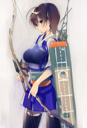 Rule 34 | 10s, 1girl, armor, arrow (projectile), bow (weapon), breasts, brown eyes, brown hair, etomai, flight deck, gloves, japanese clothes, kaga (kancolle), kantai collection, large breasts, machinery, muneate, partially fingerless gloves, partly fingerless gloves, personification, ponytail, side ponytail, single glove, solo, thighhighs, weapon, yugake