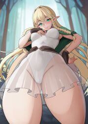 Rule 34 | 1girl, blonde hair, blush, braid, breasts, cloak, elf, eltolinde (unicorn overlord), from below, green eyes, highres, lainart, leotard, long hair, looking at another, looking at viewer, looking down, medium breasts, pointy ears, simple background, smile, solo, standing, thick thighs, thighs, twin braids, unicorn overlord, very long hair
