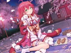 Rule 34 | 1girl, 35p (sakura miko), ahoge, blush, breasts, cherry blossoms, commentary request, detached sleeves, dutch angle, food, green eyes, hair between eyes, hair ornament, hairclip, highres, hip vent, hololive, long hair, looking at viewer, medium breasts, nontraditional miko, one side up, petals, red hair, roke (taikodon), sakura miko, sakura miko (1st costume), smile, solo, taiyaki, virtual youtuber, wagashi, x hair ornament