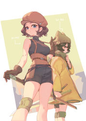 Rule 34 | 1boy, 1girl, black shorts, blue eyes, breasts, brown gloves, brown headwear, expressionless, feet out of frame, gloves, green eyes, hat, highres, long sleeves, medium breasts, profile, sansan (the legend of luoxiaohei), shorts, sleeveless, suncle, suspenders, suspenders pull, luo xiaohei zhanji, xiaorui (the legend of luoxiaohei)
