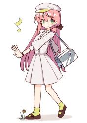Rule 34 | 1girl, absurdres, akashi (kancolle), bag, blush, brown footwear, brown ribbon, cabbie hat, closed mouth, collared dress, commentary request, dress, eighth note, flower, full body, green eyes, hair between eyes, hair ribbon, hat, highres, ichi (ichi.colors), kantai collection, long hair, long sleeves, looking at viewer, musical note, pink hair, pleated dress, puffy long sleeves, puffy sleeves, ribbon, shoes, shoulder bag, sidelocks, smile, socks, solo, standing, very long hair, white background, white dress, white hat, yellow flower, yellow socks