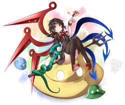 Rule 34 | 1girl, asymmetrical wings, black thighhighs, bow, bowtie, footwear bow, full body, highres, houjuu nue, kazana (sakuto), knees together feet apart, looking at viewer, polearm, red bow, red bowtie, short hair, sitting, smile, snake, solo, star (symbol), thighhighs, touhou, trident, ufo, weapon, white background, wings