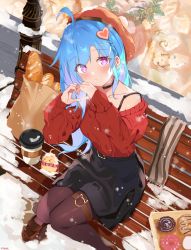 Rule 34 | &gt; &lt;, ahoge, azur lane, bag, baguette, bakery, beige scarf, belfast (azur lane), belfast (shopping with the head maid) (azur lane), belt, bench, beret, black belt, black bra, black choker, black scarf, black skirt, blue hair, box, bra, braid, bread, brown footwear, brown pantyhose, building, cat symbol, chocolate doughnut, choker, closed mouth, coffee, coffee mug, cold, colored inner hair, commentary, cup, doughnut, english commentary, eyebrows, food, hair ornament, hairpin, hat, head tilt, heart, heart hair ornament, heart hands, helena (azur lane), highres, knees together feet apart, lamppost, legs together, long hair, long sleeves, looking at viewer, manjuu (azur lane), mug, multicolored hair, off shoulder, on bench, pantyhose, pink eyes, pink hair, red hat, red sweater, scarf, shoes, shop, sidelocks, sitting, skirt, snow, snowing, solo, strap, striped clothes, striped scarf, sweater, symbol, thigh strap, underwear, vayneeeee, window
