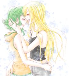 Rule 34 | 2girls, alternate costume, artist request, bare arms, bare shoulders, black tank top, blonde hair, blush, closed eyes, female focus, green hair, gumi, happy, hood, hoodie, hug, laughing, lily (vocaloid), long hair, multiple girls, off shoulder, open mouth, round teeth, short hair, sleeveless, sleeveless hoodie, smile, strap slip, tank top, teeth, vocaloid, yuri